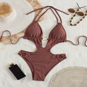 여성용 초콜릿 브라운 홀터넥 원피스 수영복 컷아웃 디자인 메탈 링 장식 하이컷 비치 휴가용 수영복
