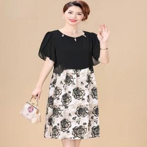 세련된 여름 엄마 쉬폰 원피스 슬리밍 뱃살커버 중년 및 노년 여성 의류 2025 신상 플로럴 스커트