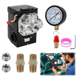 에어 컴프레서용 압력 스위치 135~175 PSI 4포트 20암페어, 0~200 PSI 게이지 및 황동 안전밸브 1/4인치 NPT 교체품