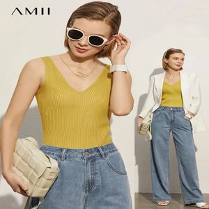 Amii 미니멀리즘 여성용 캐미솔 탑, 오피스 레이디 솔리드 브이넥, 섹시한 슬림 조끼, 소녀 탱크 스트리트웨어 탑, 12321058, 여름 신상