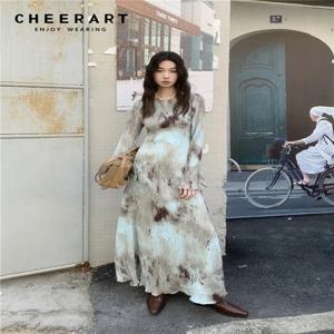 CHEERART 여성용 플리츠 프렌치 롱 맥시 원피스, 플레어 긴팔 스윙 A 라인 원피스 가을 옷
