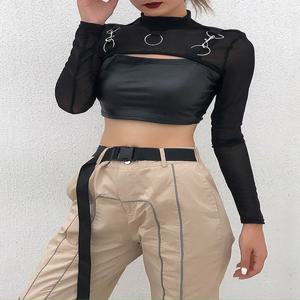 여성용 섹시한 힙합 고딕 레이디 티셔츠, 마이크로 쇼트 메탈 체인, 레이스 시스루 메쉬, 긴 소매 터틀넥 핫탑