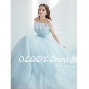 OLOEY 프린세스 연청 얇은 명주 그물 웨딩 드레스, 한국 사진 촬영, 스트랩리스 바닥 길이 신부 가운, 맞춤형 코르셋 백