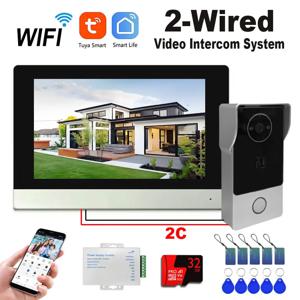 2선 디지털 비디오 인터콤 시스템, 7인치 무선 WIFI 모니터 1080P 도어폰 카메라 비디오 도어벨 IC 카드 투야 앱 잠금 해제