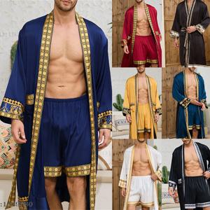 봄 여름 신사복 잠옷 2PCS 가운 반바지 세트 바로크 스타일 실크 새틴 기모노 목욕 가운 가운 느슨한 홈 의류 Loungewear