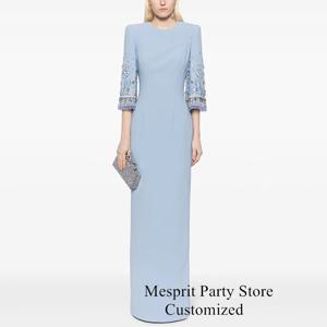 무도회 원피스 긴 맞춤형 라운드넥 3/4 소매 비즈 스팽글 스트레이트 아라비아 이브닝 원피스, 연한 파란색 사우드 파티 가운
