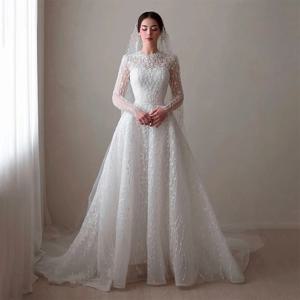 반짝이 웨딩 드레스 비즈 Organza 자수 a 라인 볼 가운 하이 넥 풀 슬리브 맞춤형 신부 드레스 Vestido De Novia