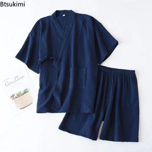 남성 여름 코튼 잠옷 세트 반팔 반바지 잠옷 남성 v 넥 기모노 Pijamas 얇은 잠옷 2 피스 세트 홈 의류