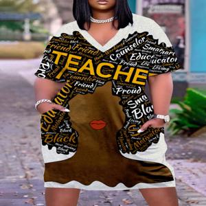 플러스 사이즈 숙녀 3D 프린트 V 넥 캐주얼 루즈 드레스 폴리에스테르, 여름, 무릎 길이 사무실 홈 폴리에스테르