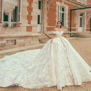 Flavinke 맞춤형 오프 숄더 웨딩 드레스 여성 아가 아플리케 로얄 트레인 공주 신부 가운 vestido de noiva