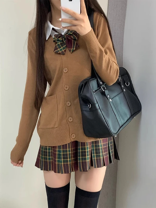 오리지널 JK 긴팔 니트 가디건 유니폼 세트 대학 스타일 가을 겨울 브라운 여성 패션 앙상블 폴로 칼라 버튼업
