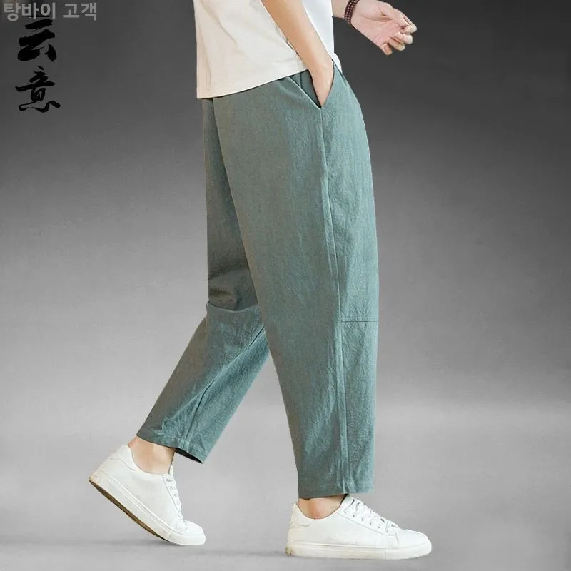 여름 남성용 루즈핏 스트레이트 캐주얼 팬츠 얇은 면마 린넨 와이드 레그 9부 하렘 팬츠 편안하고 통기성 좋은 의류