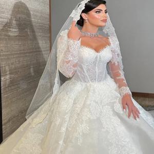 Flavinke 맞춤형 레이스 웨딩 드레스 연인 신부 가운 라인 긴 소매 공주 신부 드레스 Vestidos De Novia