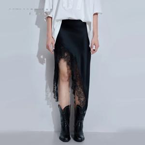 하이웨이스트 비대칭 스플라이스 블랙 스플릿 하프 스커트 우아한 쉬폰 퓨어 컬러 롱 드레스 여성용 2025 가을 신상