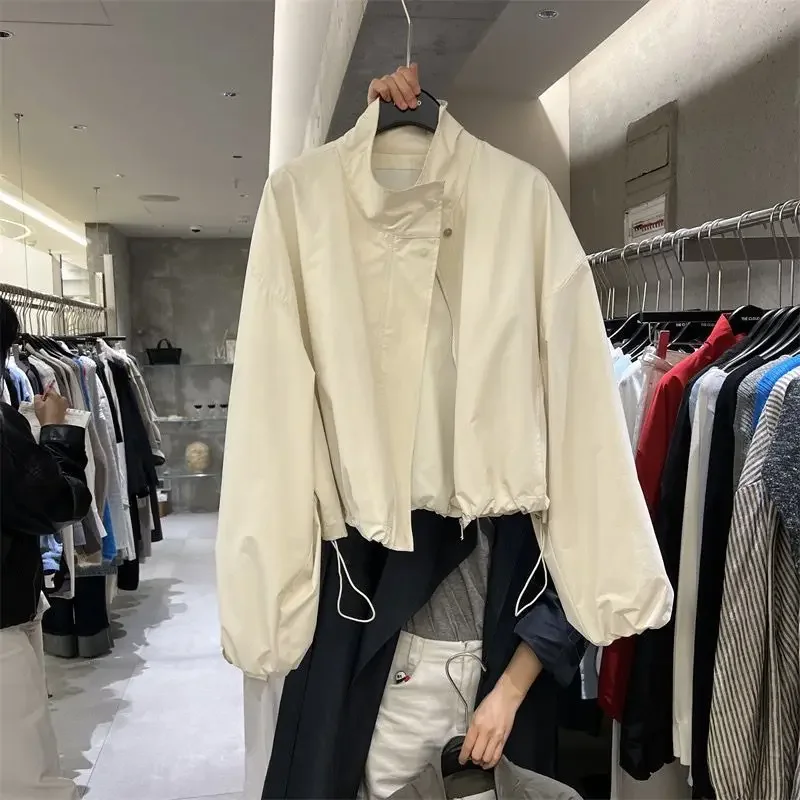 ​ ​ 여성용 레드 스탠드 칼라 재킷, 캐주얼 루즈핏 지퍼업 아우터웨어, 드로스트링 커프스, 가을 봄용 짧고 얇은 코트 ​ ​