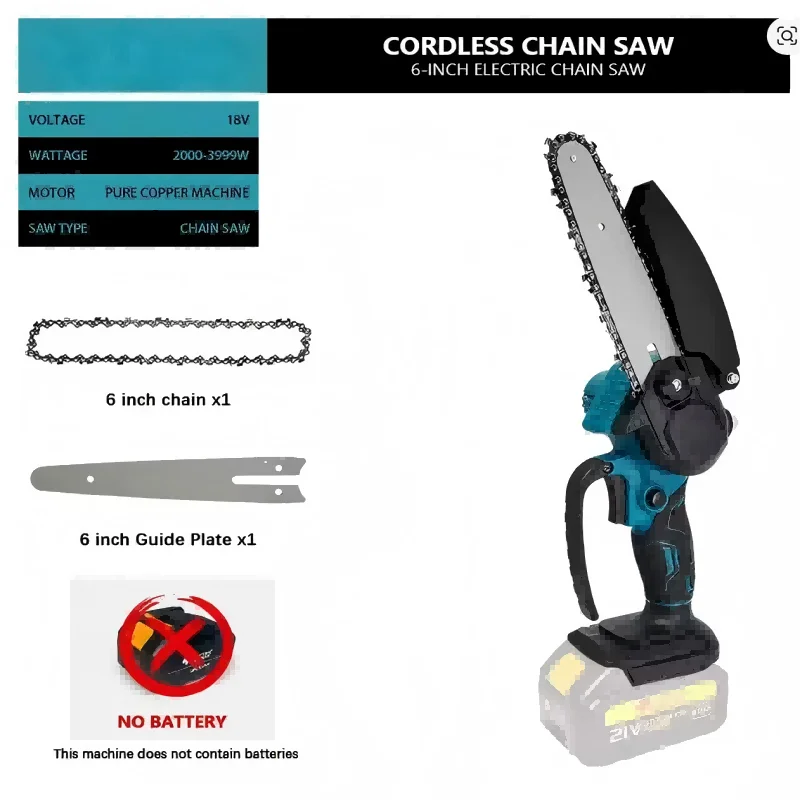 1700RPM 6인치 미니 리튬이온 전기 체인톱 한 손 휴대용 전기톱 18V 마키타 배터리 호환