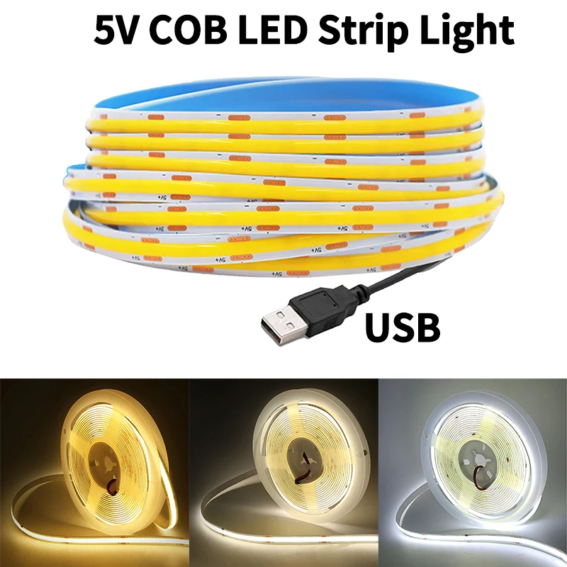 1~5m DC5V COB LED 스트립 라이트 USB 전원 공급 320LEDs/m 유연한 리본 로프 홈 데코 TV 백라이트 COB 라이트 스트립