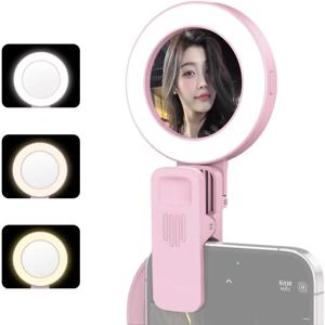 새로운 클립형 셀카 링 라이트 (셀카 거울 포함) 3가지 조명 모드 밝기 180 °   회전식 내장 배터리 셀카 조명