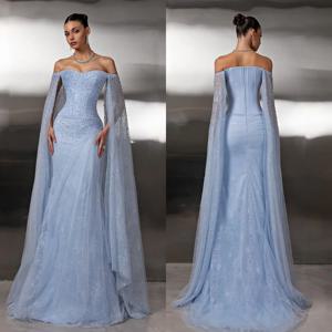 맞춤형 패션 반짝이 레이스 주름 장식 라인스톤 스팽글 비딩 인어 오프숄더 롱 드레스 맞춤형 행사 드레스