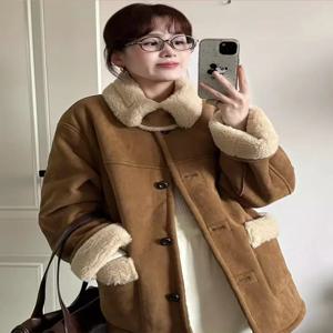 여성용 양면 착용 가능 두꺼운 양털 재킷 루즈핏 가을 겨울 신상 인조 양가죽 코트 롱 기장 모자 포함