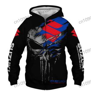 남성용 스즈키 오토바이 레이싱 후드티, 3D 디지털 프린트 후드 스웨트셔츠, 세련된 집업 재킷, 캐주얼 스포츠웨어