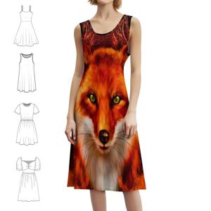 레드 파이어 폭스 보헤미안 민소매 드레스 멀티 프린트 비치 휴가 파티 드레스 폭스 배경 패턴 무봉제 만화 여성용