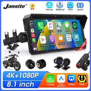 Jansite 8.1인치 4K 오토바이 CarPlay 스크린 4K 대시캠 무선 안드로이드 오토 블루투스 GPS 네비게이션 IPX7 방수 디스플레이