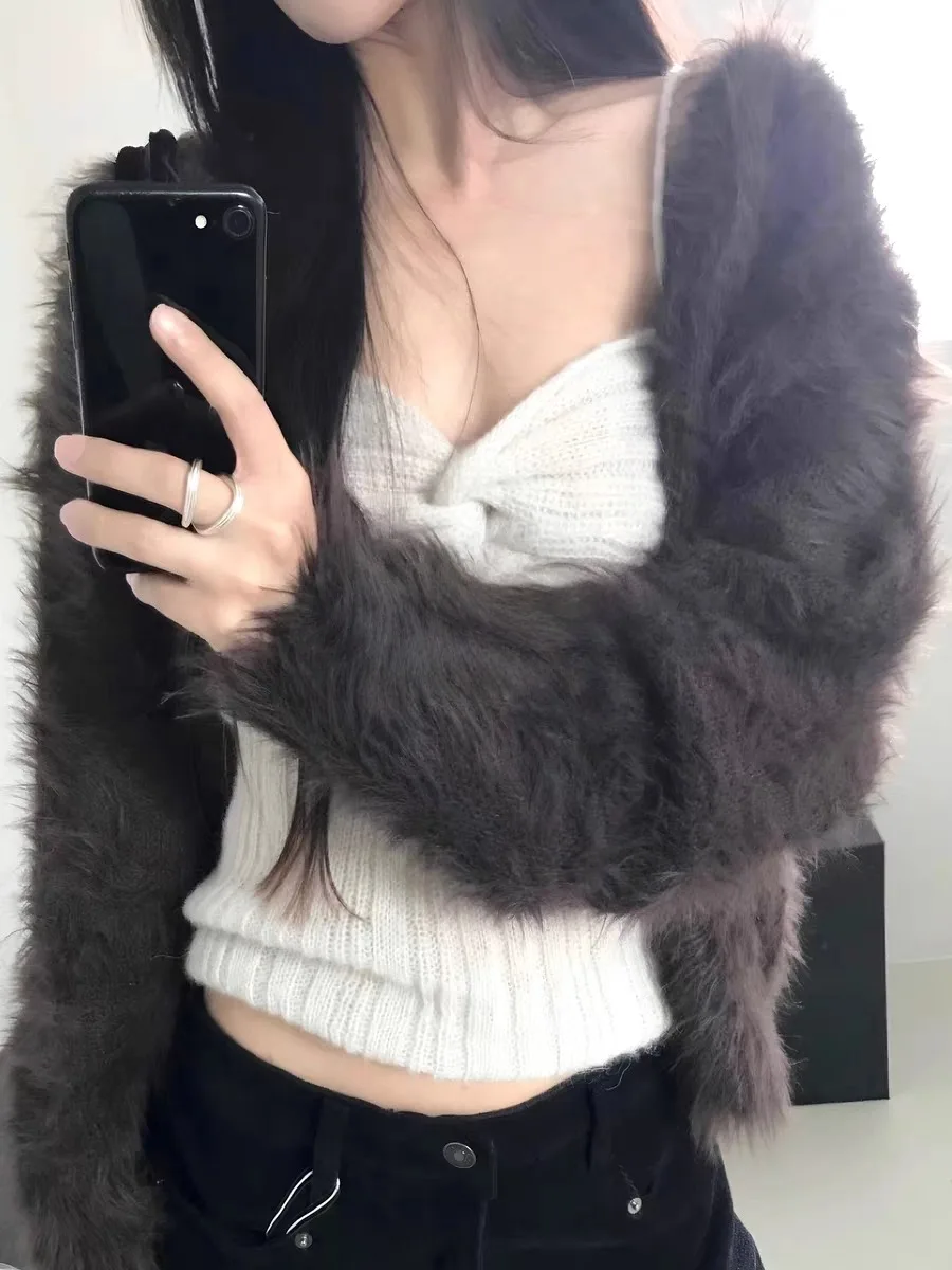 세련된 캐주얼 플러시 여성 스웨터 빈티지 디자인 감각 가을 겨울 젊은 감각의 푹신한 오픈 가디건 여성용