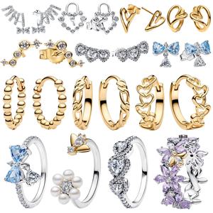 925 실버 럭셔리 골든 섹시 나비 스터드 귀걸이 반지 하트 리본 스타일 팔찌 펜던트 목걸이 꽃 여성용 고급 주얼리