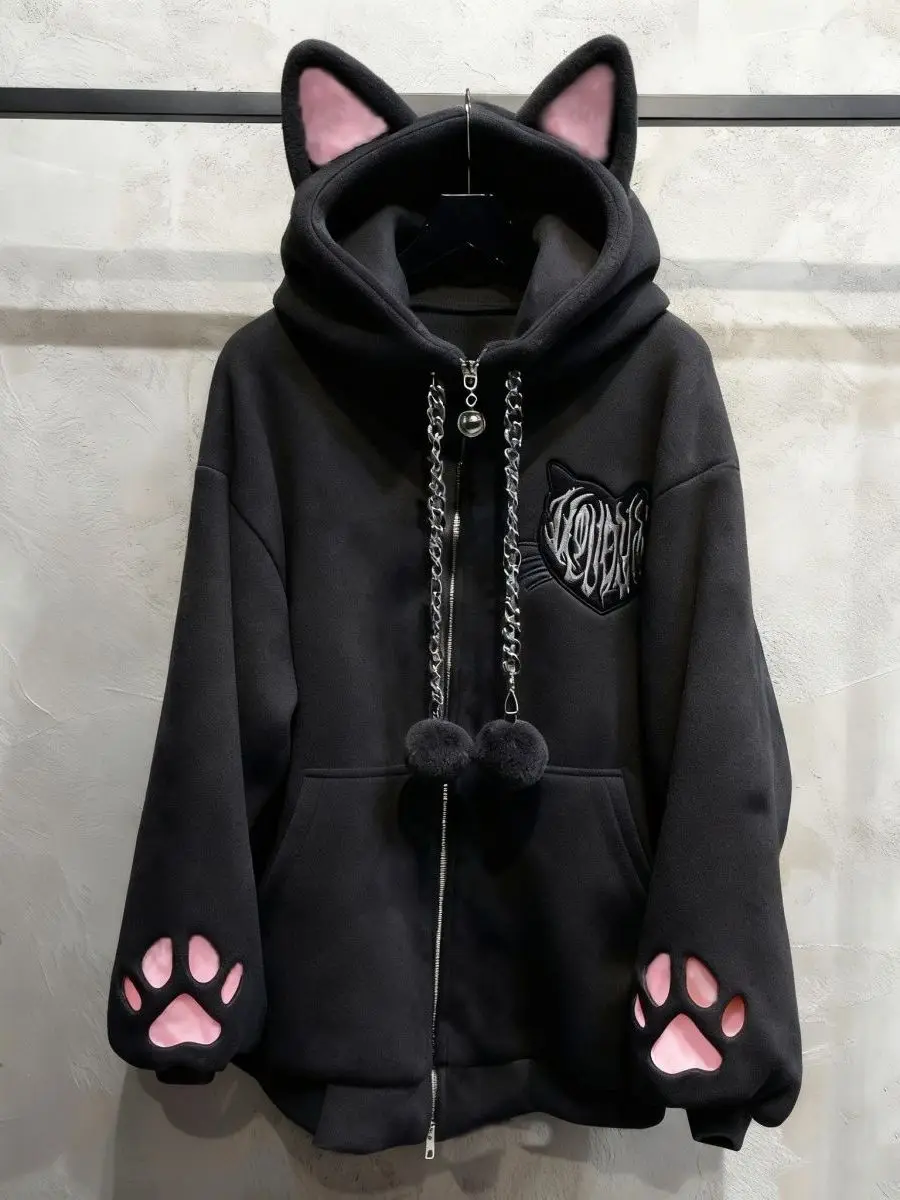 양털 안감 가을 겨울 고양이 귀 후드 고양이 발톱 긴팔 재킷 귀여운 검은 고양이 펑크 록 스타일 여성용 스웨트셔츠