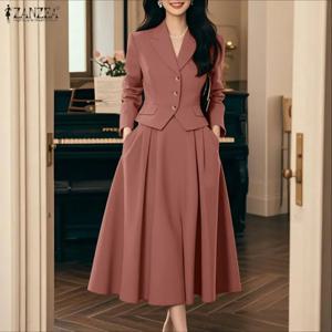 ZANZEA 우아한 여성용 투피스 스커트 수트 피크 라펠 긴 소매 숏 블레이저와 A라인 미디 스커트 2피스 세트 2026 봄 의상