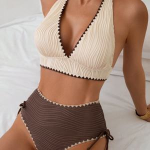 2026 섹시 카키 패치워크 투피스 비키니 세트 여성 푸쉬업 드로스트링 사이드 하이웨이스트 수영복 휴가용 수영복