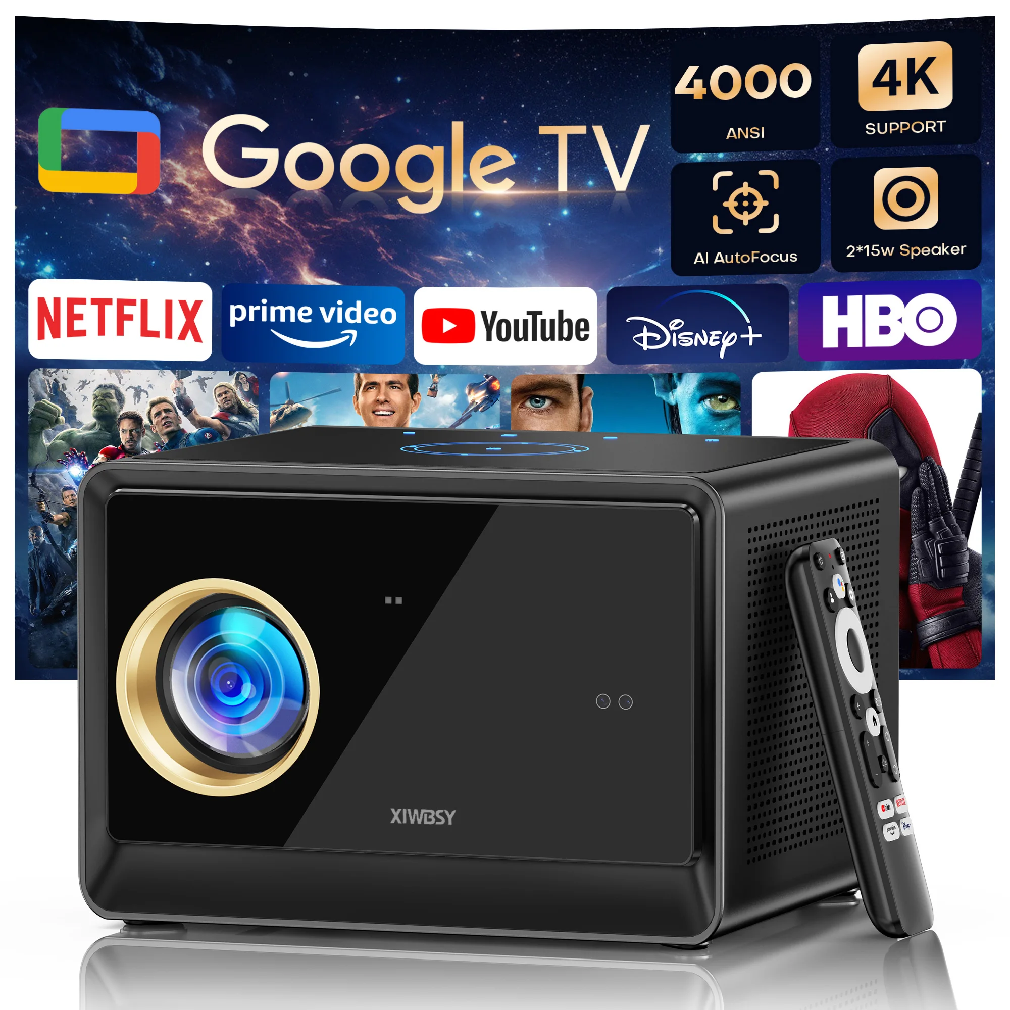 XIWBSY 4000ANSI 구글 TV 프로젝터 4K 안드로이드 11.0 밀폐형 광학 프로젝터 52000루멘 WiFi6 프로젝터 구글 음성 어시스턴트