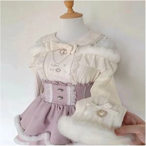 고딕 스타일 일본 미니어처 로리타 플러시 투피스 세트 가을 겨울 숄더 오픈 탑 하프 스커트 레이스 의류