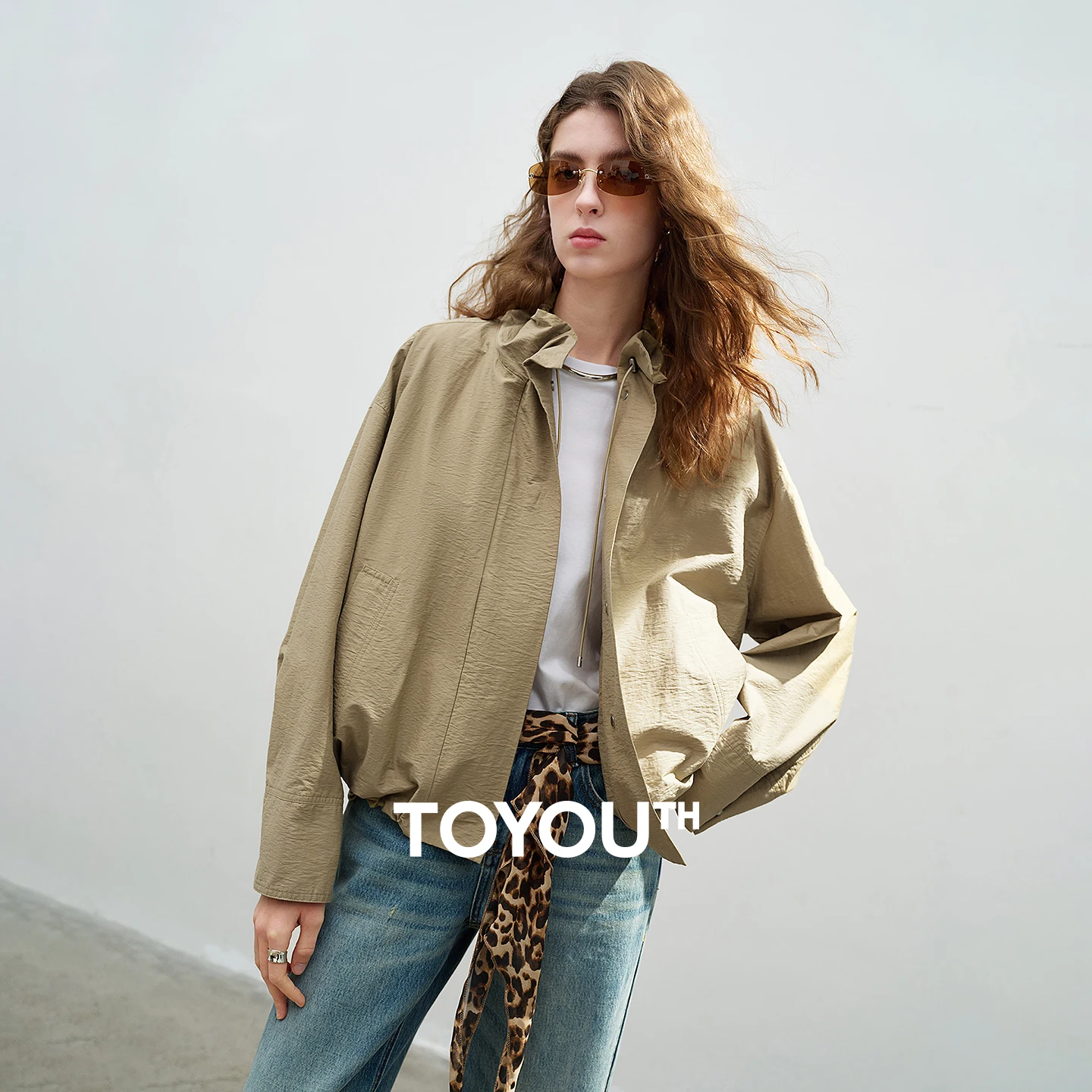 TOYOUTH 여성용 주름 질감 재킷 2026 봄 신상 스탠드업 칼라 루즈 캐주얼 유틸리티 스타일 코트