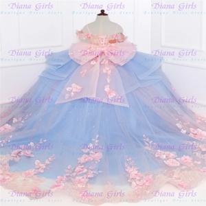 2026 새로운 화려한 블루 튤 푹신한 절묘한 핑크 아플리케 플라워 걸 드레스 결혼식 생일 파티 첫 성찬식 가운