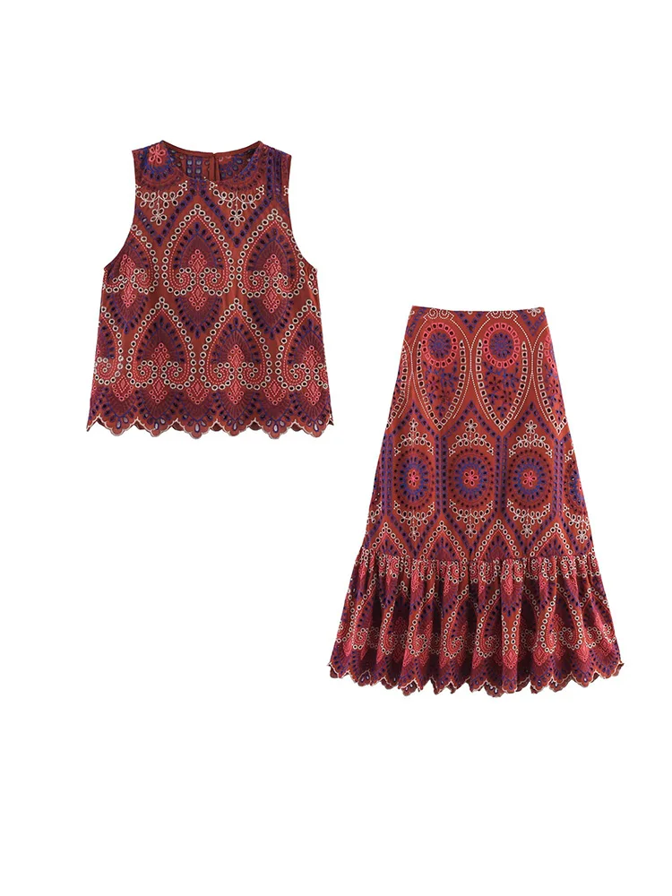 HH 여성 봄 패션 민소매 라운드넥 숏탑+사이드 지퍼 플리츠 미디 스커트 캐주얼 홀로우 자수 투피스 세트