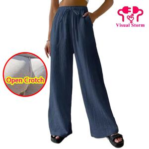 여성용 오픈 크로치 히든 지퍼 패션 솔리드 컬러 캐주얼 다용도 탄성 포켓 와이드 레그 트라우저 팬티 루즈핏 크로치리스