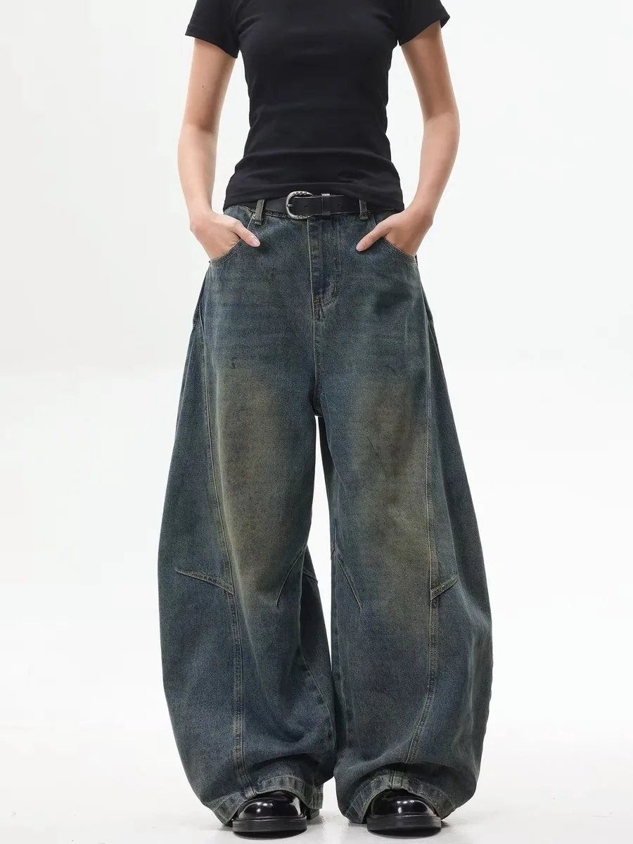 아메리칸 스타일 빈티지 워싱 데님 진 여성용 슬림핏 새 와이드 레그 팬츠 나이프 엣지 디컨스트럭티드 디자인