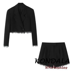 KONDALA 패션 2026 봄 오피스 레이디 여성 레이스 정장 싱글 버튼 스트레이트 블레이저 + 쿨 미니 반바지 솔리드 블랙 여성 정장
