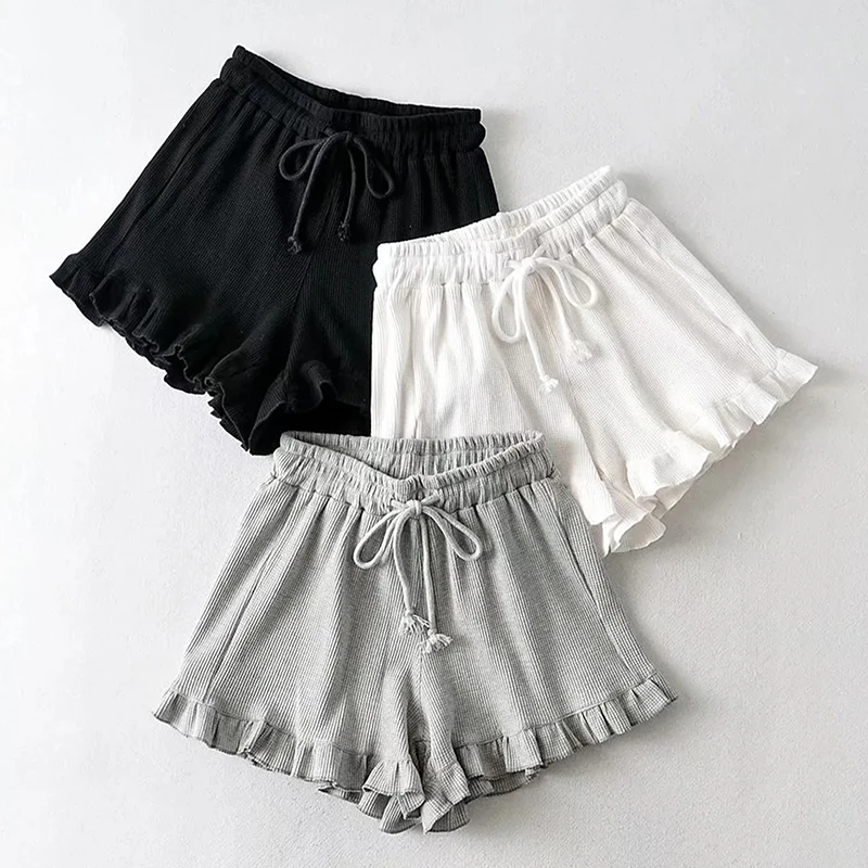 여성용 레이스 와플 반바지 여름 신축성 허리밴드 팬츠 성인 여성용 스포츠 팬츠 여성용 핫팬츠