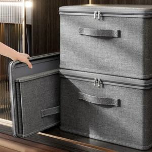 프리미엄 린넨 느낌의 원단 수납함, 튼튼한 보드 지지대가 있는 접이식 옷장 정리함, 옷과 스웨터를 위한 대형 지퍼 수납함