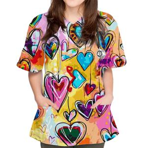 여성용 스크럽 의료 유니폼, 우아한 하트 프린트, V넥 패치, 포켓 반팔 상의, 여성 의료 유니폼