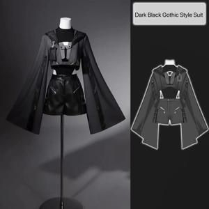다크 블랙 고딕 코스튬 여성용 신상 중국풍 오픈 슬리브 탑 PU 팬츠 세트 빈티지 니치 걸스 스트릿 패션 슈트 쿨 y2k