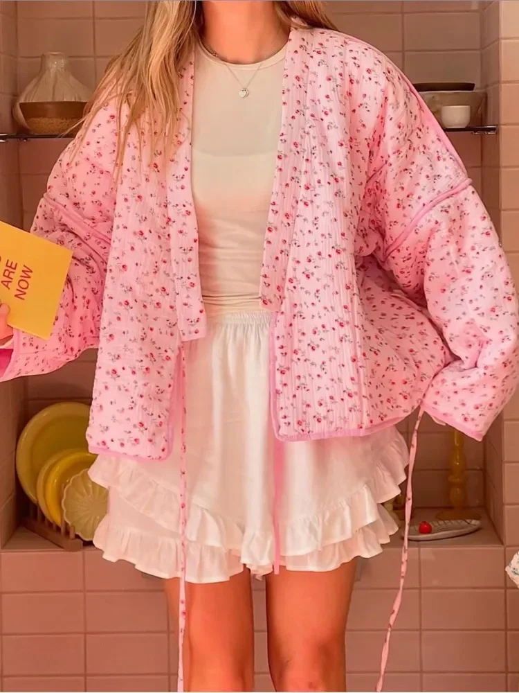 꽃무늬 프린트 여성용 가디건 귀여운 레이스업 핑크 여성 코트 캐주얼 루즈 가을 따뜻한 코트 패션 신상 여성 코트 아우터웨어