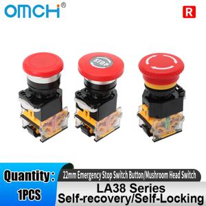 OMCH 1PCS 22mm LA38-11ZS 자동 잠금 비상 정지 스위치 버튼 1NO 1NC 버섯형 헤드 스위치 자체 복구 자동 잠금