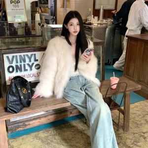 친환경 숏 폭스퍼 코트 여성용 플러시 밍크 벨벳 해리어 덕다운 겨울용 따뜻한 스탠드 칼라 재킷 DK 멜리사