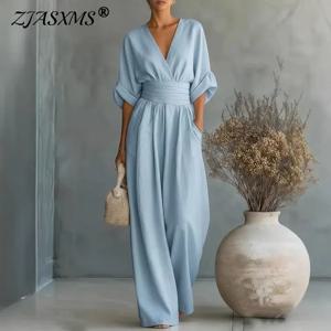 OL 스타일 솔리드 하이웨이스트 드레이프 점프수트 여성 2026 봄 V넥 와이드 레그 트라우저 오버올 캐주얼 반팔 롬퍼 의상