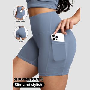 솔리드 컬러 포켓 요가 팬츠, 속건성 하이웨이스트 짐 푸쉬업 요가 쇼츠 (여성용), 통기성 운동복 피트니스 반바지