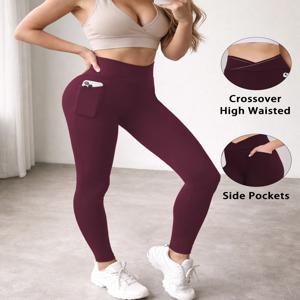 여성용 슈퍼 소프트 크로스오버 하이웨이스트 포켓 레깅스, 뱃살 보정, 비침 방지, 운동, 요가, 러닝 레깅스